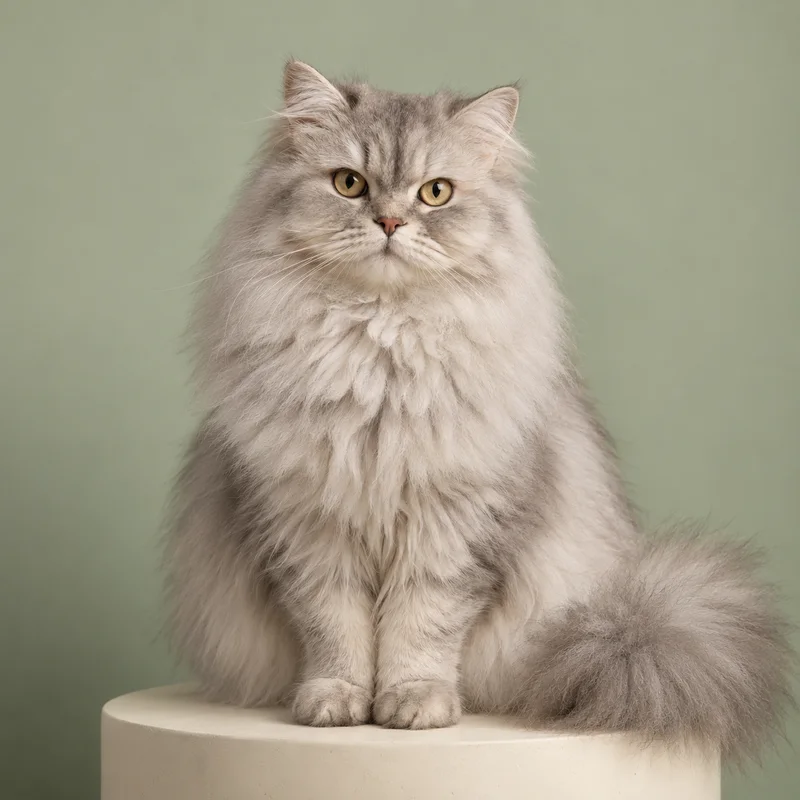 A silver long-haired cat on a sage-green backdrop